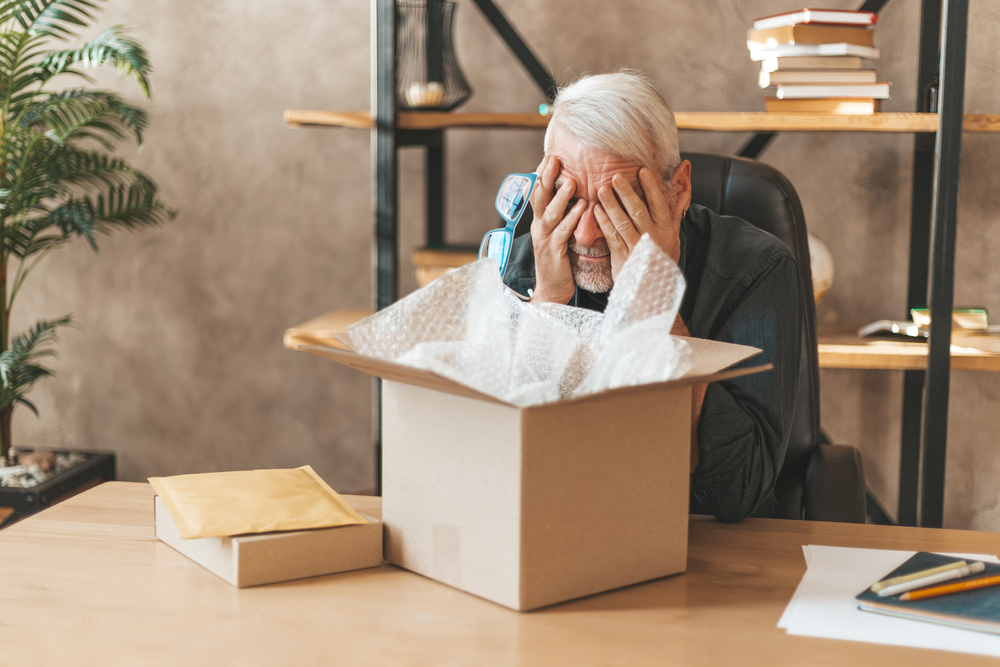 Frustrated older man sitting at a desk with his head in his hands, looking at an open cardboard box filled with packing material.