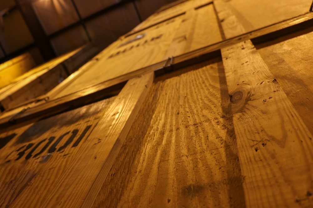 Wooden art shipping crate in a warehouse